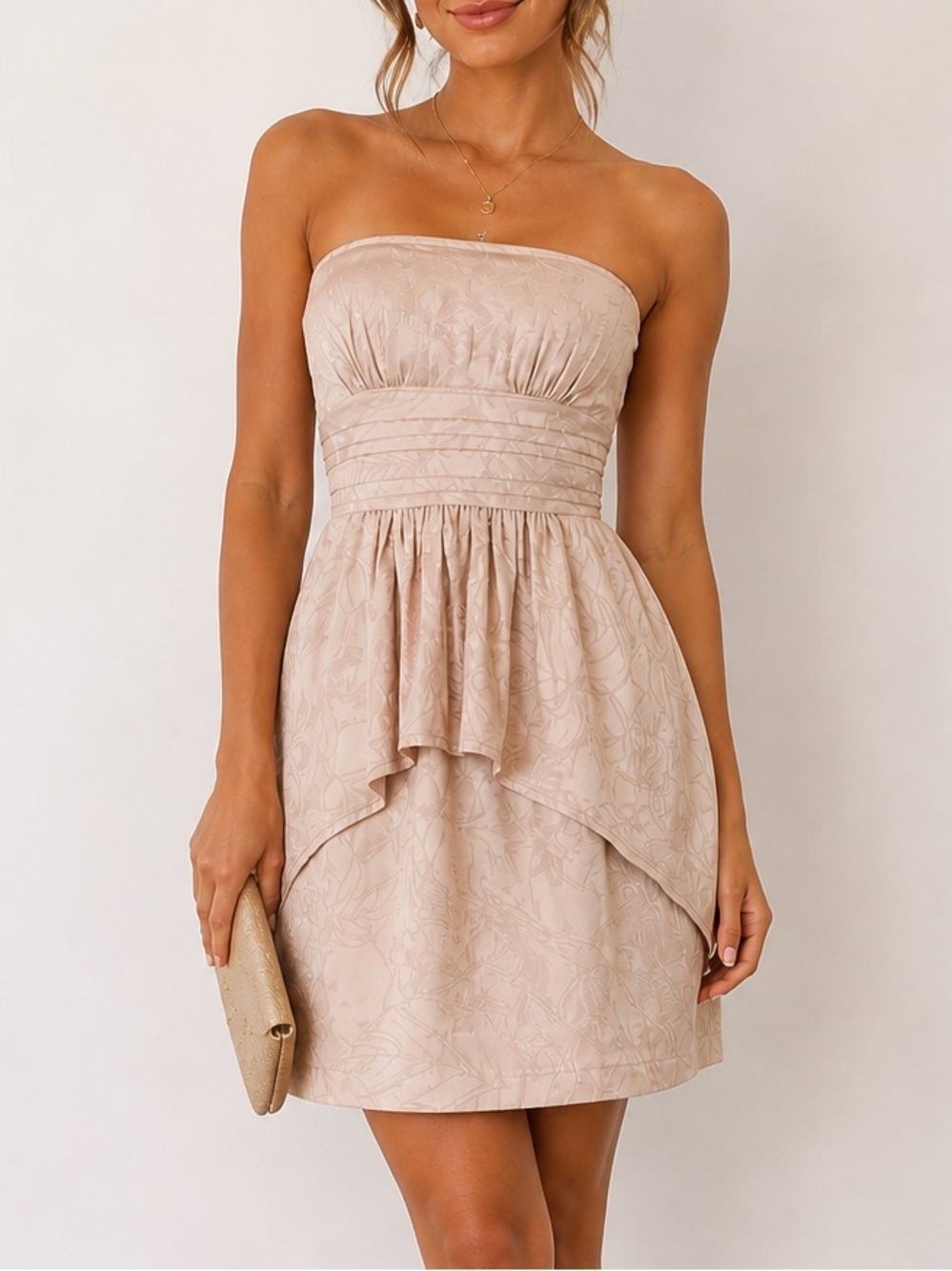 BCBGMaxAzria Karla Strapless Mini Dress 2 Nude Floral Embossed Jacquard Pleated